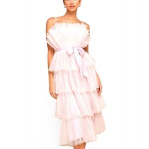 Lulu's Light Pink Tiered Tulle Midi Dress with Satin Waist Tie